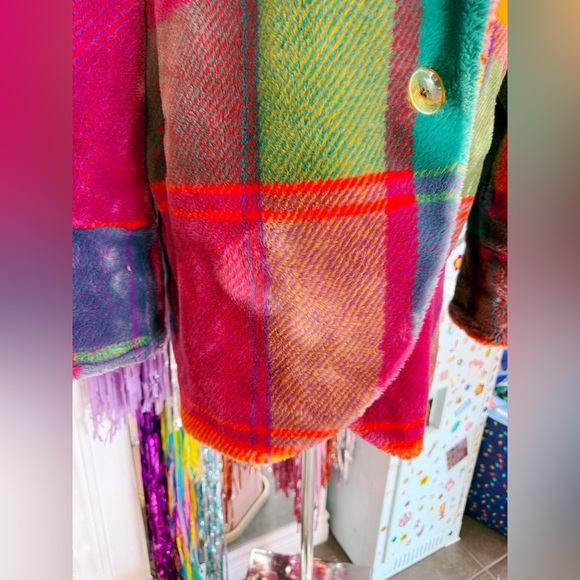 Vintage 80s 90s Bright rainbow plaid faux fur jacket - Picture 5 of 8